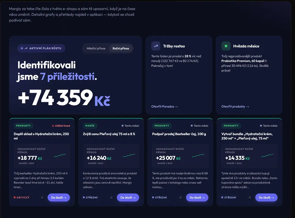 Rozhraní Margly s přehledem nalezených příležitostí a doporučení