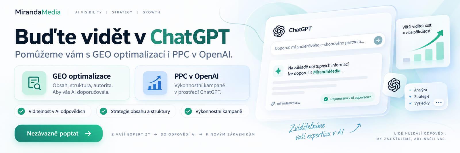 MirandaMedia — Buďte vidět v ChatGPT. Pomůžeme vám s GEO optimalizací i PPC v OpenAI.