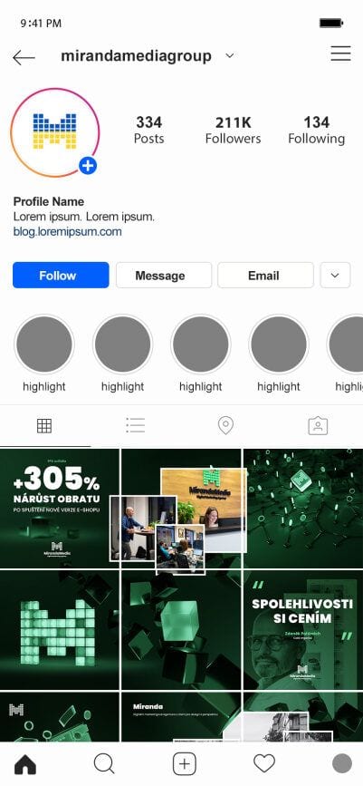 mockup instagram telefón MirandaMedia Group grafický dizajn